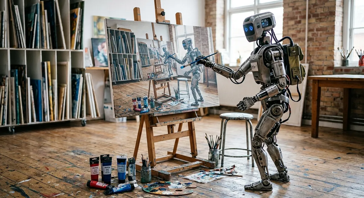En robot maler et billede af sig selv i et atelier