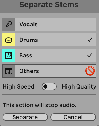 Dialogen Separate Stems i Ableton Live med valg af vokal, trommer, bas og øvrige instrumenter.