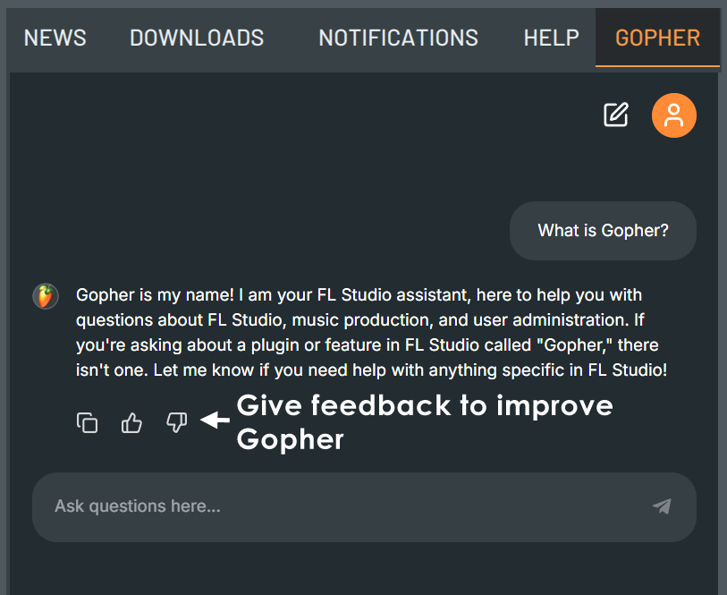 Gopher-panelet i FL Studio med et spørgsmål og assistentens svar.